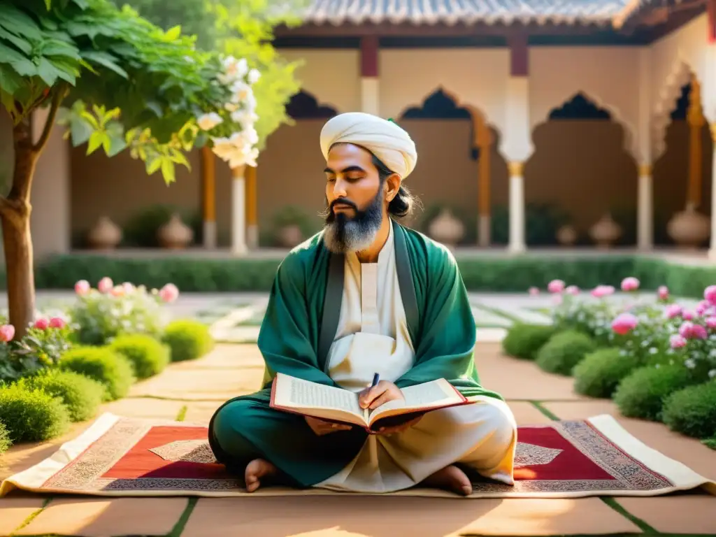 Un poeta sufí en un patio sereno, rodeado de flores y vegetación exuberante, inmerso en la escritura bajo la cálida luz del sol