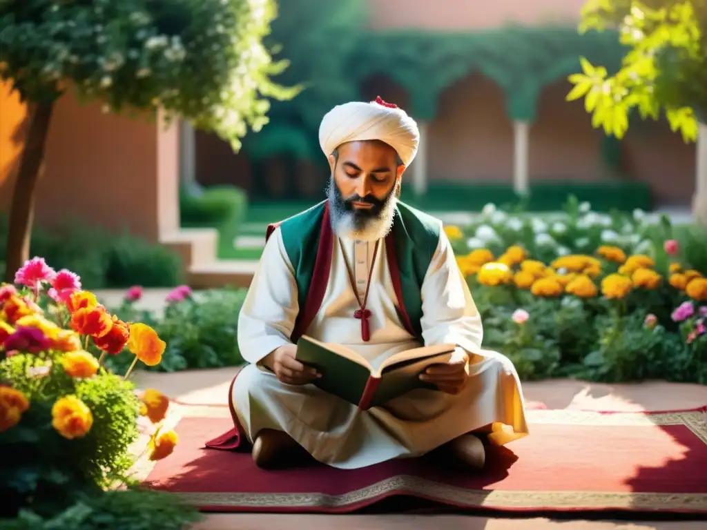 Un poeta Sufi escribe poesía en un patio soleado, rodeado de flores