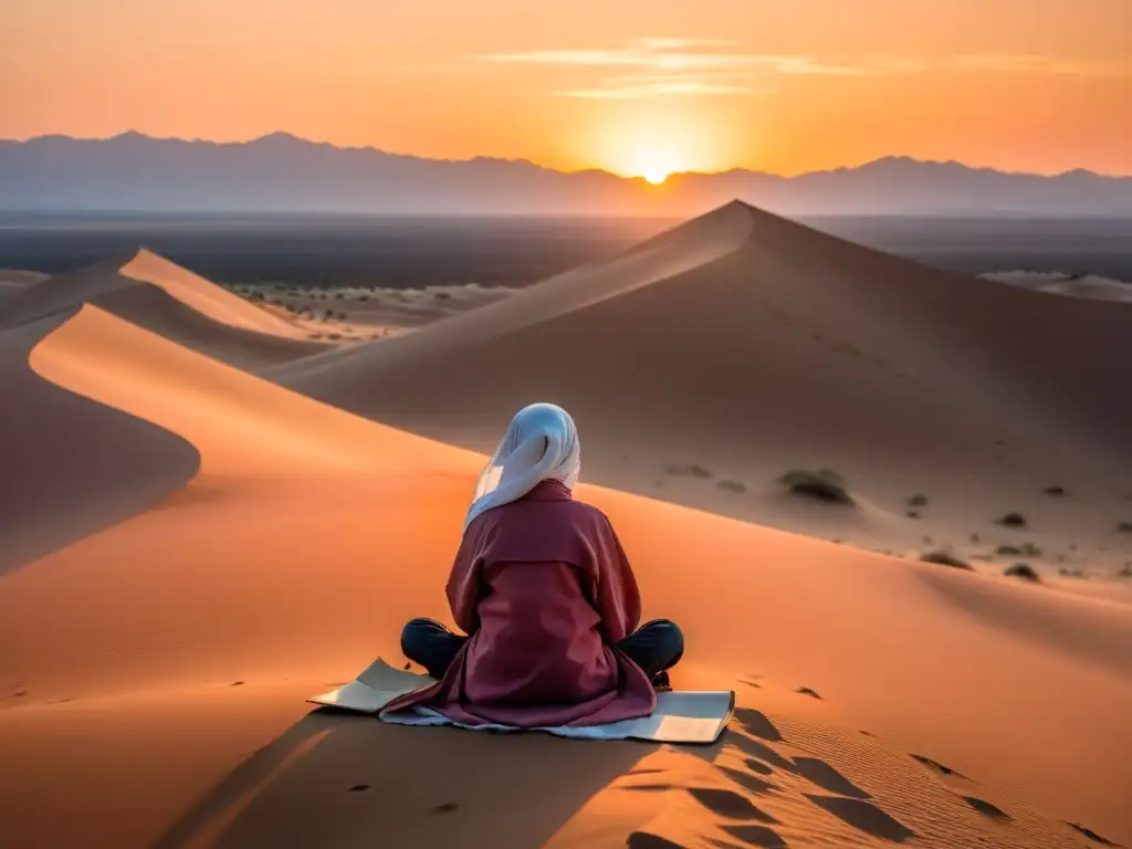 Un poeta perdido en el desierto al atardecer, reflexionando sobre la vida y la muerte