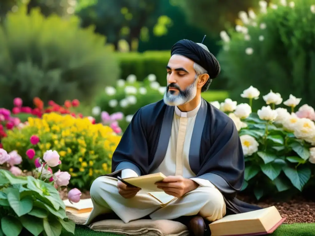 Hafez, poeta persa, contempla el jardín exuberante con flores y manuscritos antiguos, reflejando las influencias del arte de la poesía persa