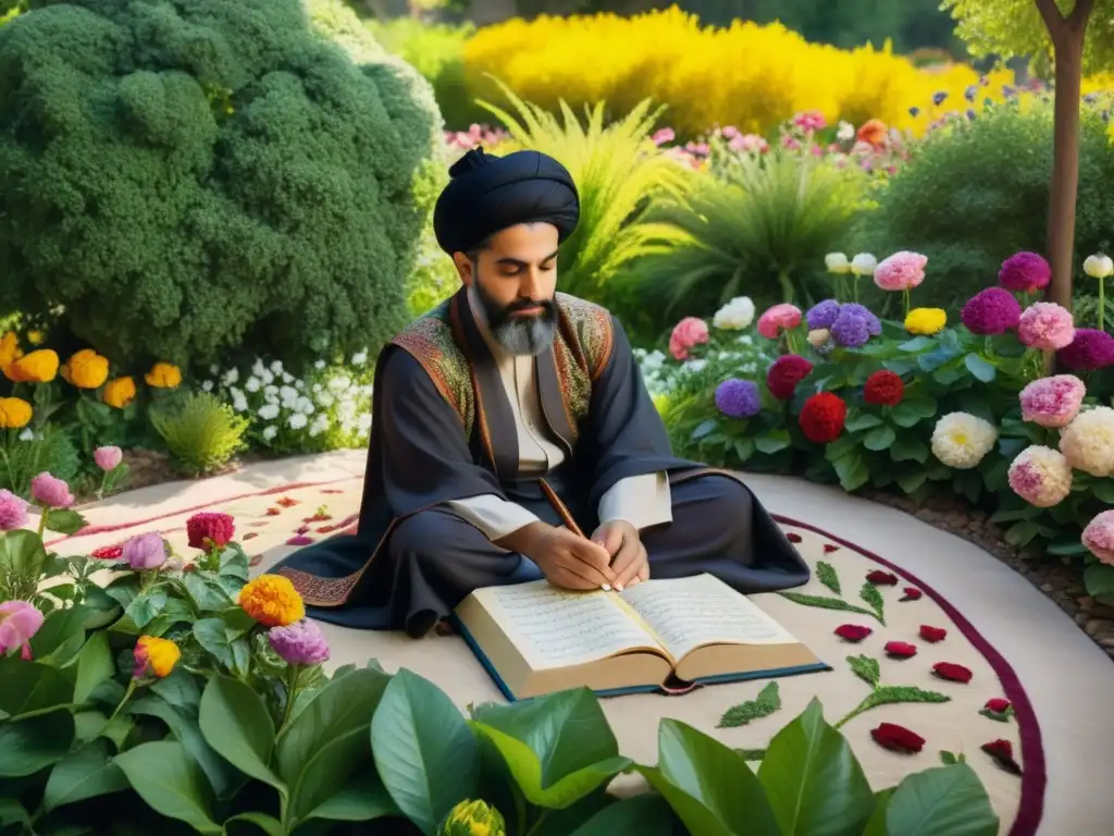 Un poeta persa meditando en un exuberante jardín, rodeado de flores y caligrafía detallada