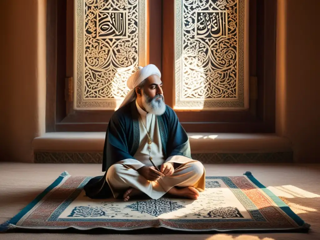 Poeta Sufi en contemplación: belleza persa Un poeta sufí persa en profunda contemplación sobre su obra, rodeado de arte islámico y caligrafía persa, bañado por la cálida luz del sol