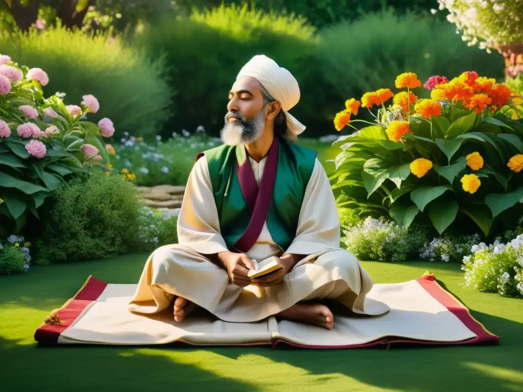 Un poeta Sufi en meditación, rodeado de flores y luz solar, captura la función de la poesía en el sufismo