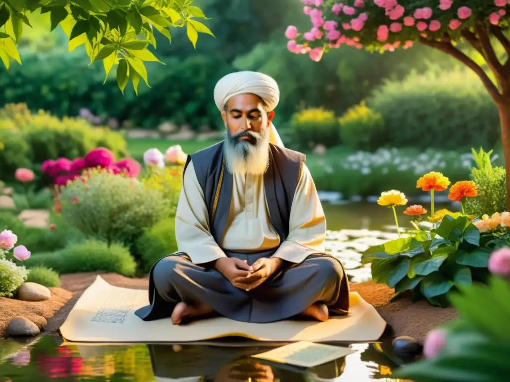 Un poeta sufí en meditación, rodeado de flores y naturaleza, escribiendo con calma junto a un arroyo al atardecer