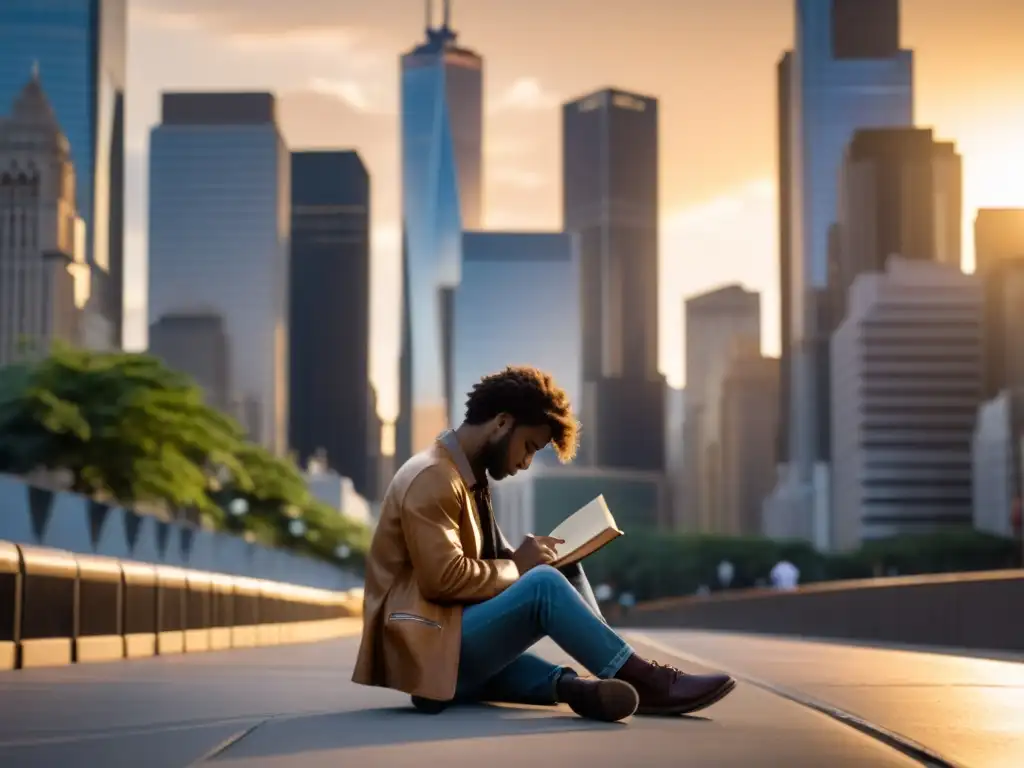 Un poeta solitario reflexiona en la bulliciosa ciudad, rodeado de rascacielos al atardecer