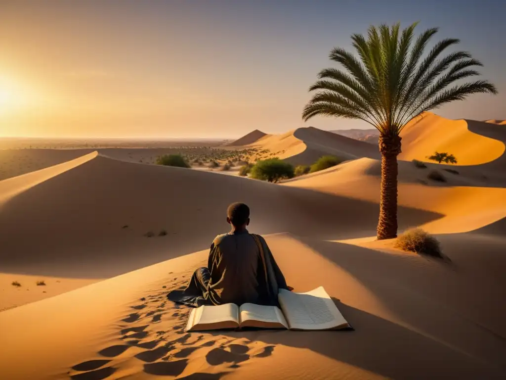 Poeta solitario bajo el atardecer dorado del desierto Un poeta solitario en un paisaje desértico al atardecer, rodeado de manuscritos antiguos, evocando la influencia de la poesía preislámica en el Islam