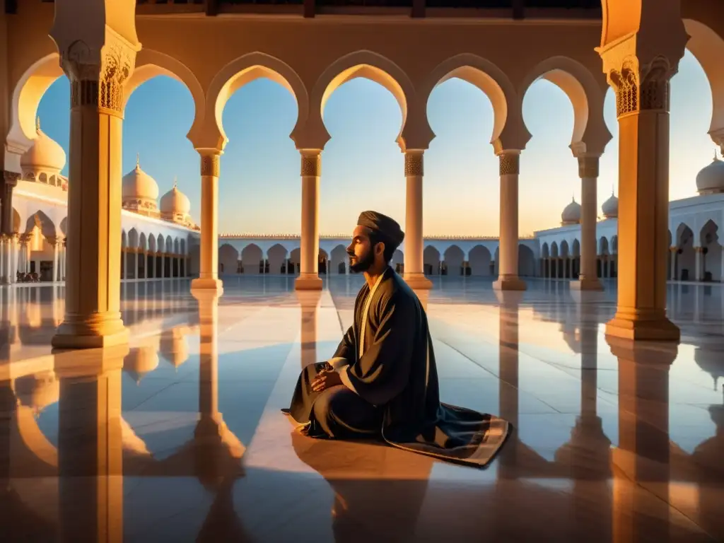 Un poeta solitario reflexiona en un tranquilo patio de mezquita al atardecer, rodeado de arcos y columnas detalladas