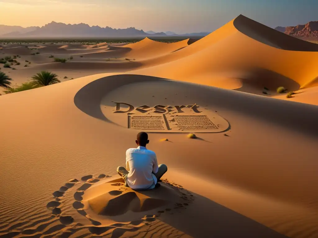 Poeta solitario en oasis: poesía árabe y contemplación al atardecer Un poeta solo en un oasis, rodeado de poesía árabe antigua en la arena al atardecer, evocando introspección e influencia poesía preislámica en Islam