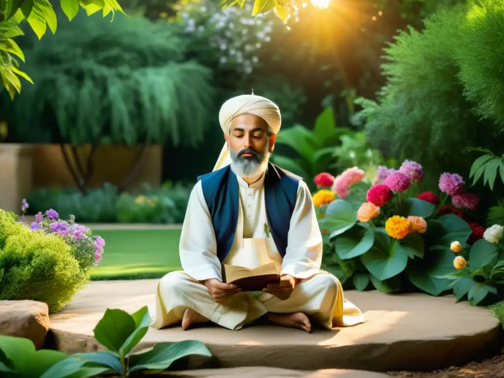 Un poeta sufí escribiendo en un jardín tranquilo, inmerso en contemplación