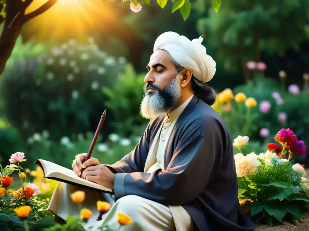 Poeta Sufi en jardín tranquilo Un poeta Sufí persa en un jardín tranquilo, rodeado de flores vibrantes y exuberante vegetación