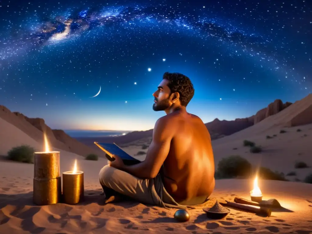 Omar Jayam, astrónomo y poeta, contempla el universo estrellado en una escena fascinante iluminada por velas