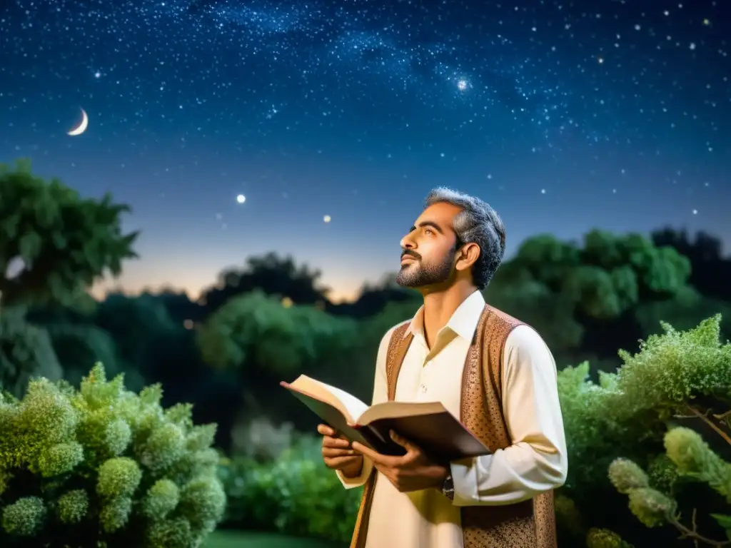 Omar Jayam, astrónomo y poeta, contempla el universo estrellado en un jardín exuberante, con un libro de poesía en mano