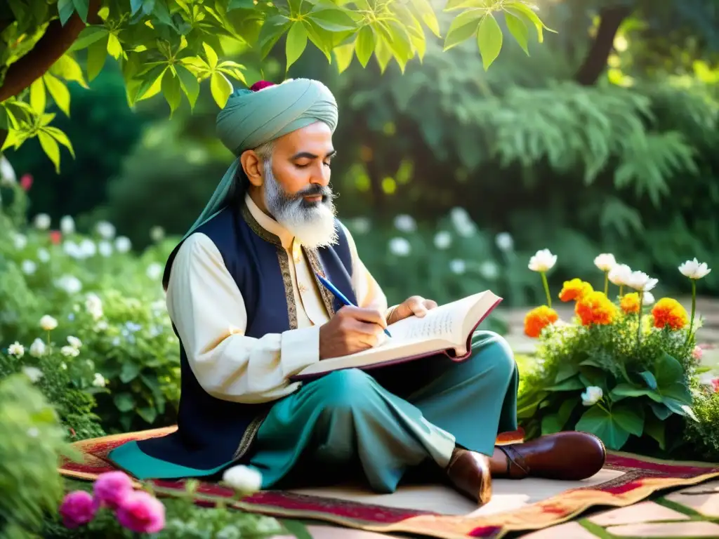 Poeta sufí escribiendo versos en jardín sereno, conectando con la importancia de la poesía sufí en la literatura mundial