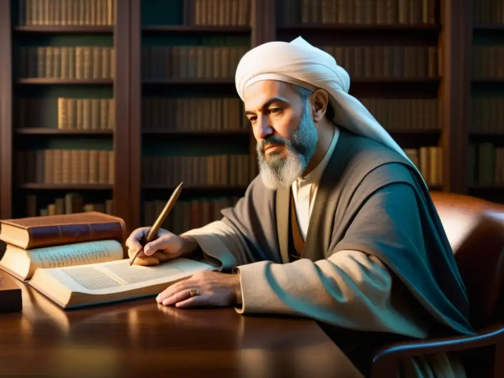 Avicenna, el polímata persa, escribiendo el Canon de Medicina en una biblioteca iluminada por velas