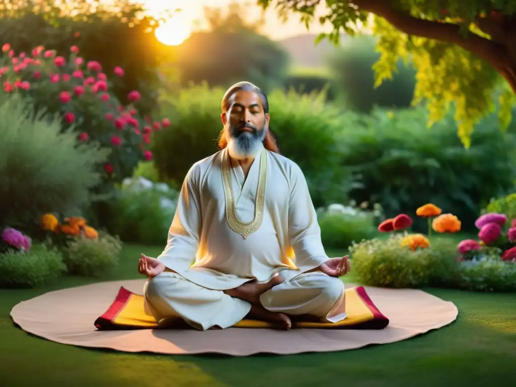 Un practicante moderno del Sufismo en meditación, bañado por la luz dorada del atardecer en un jardín tranquilo, representa el Sufismo en el siglo XXI