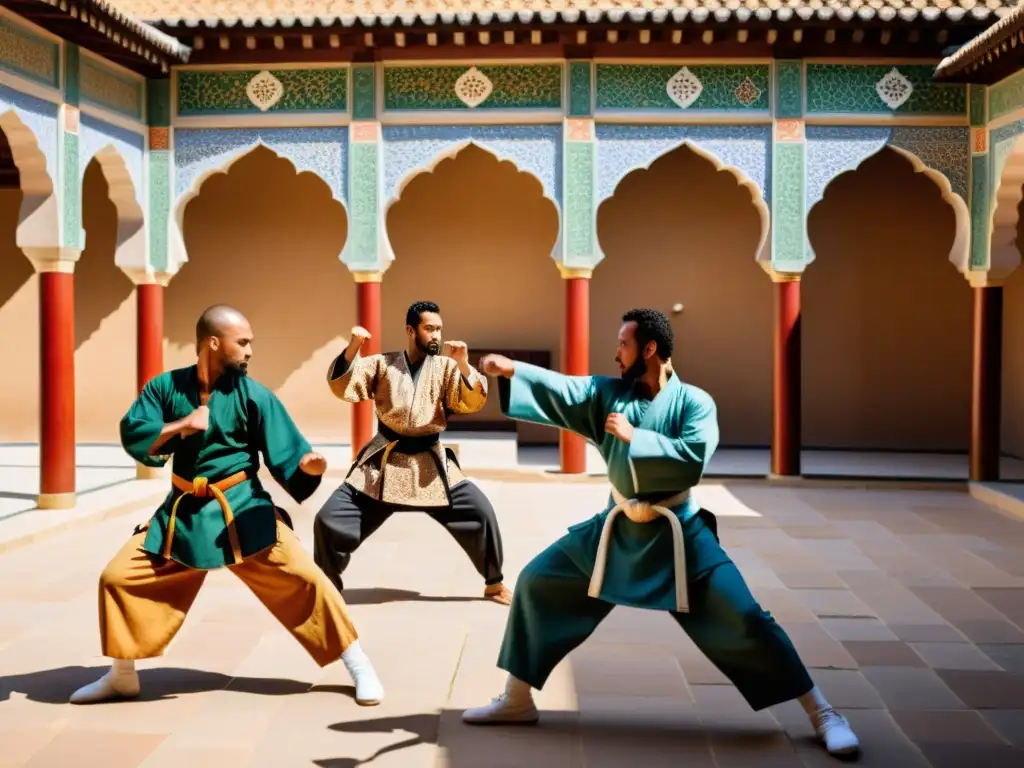 Practicantes de artes marciales tradicionales en un patio soleado con patrones de mosaico islámico, demostrando precisión y enfoque en sus técnicas