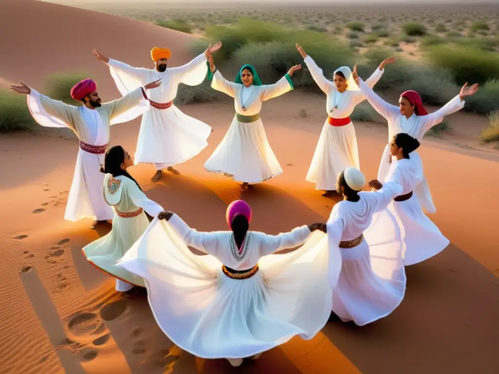 Practicantes Sufí danzan al atardecer en el desierto, con sus túnicas blancas ondeando