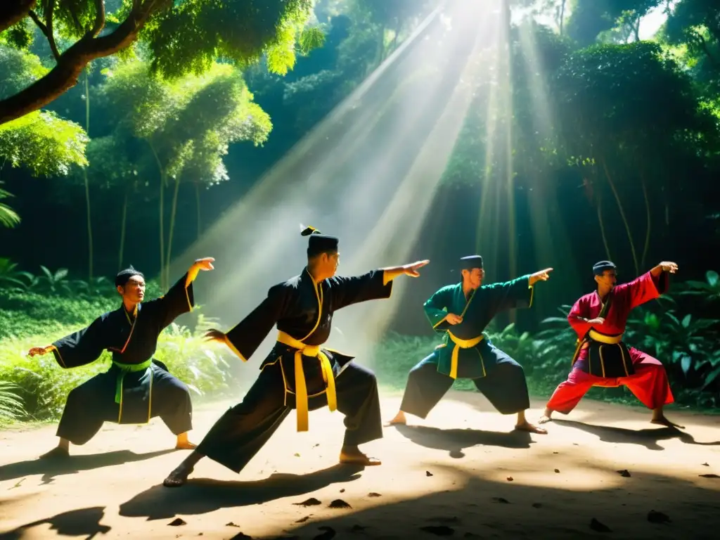 Practicantes de Silat en el bosque tropical, demostrando el legado marcial del Islam sudeste con movimientos precisos y coloridos atuendos