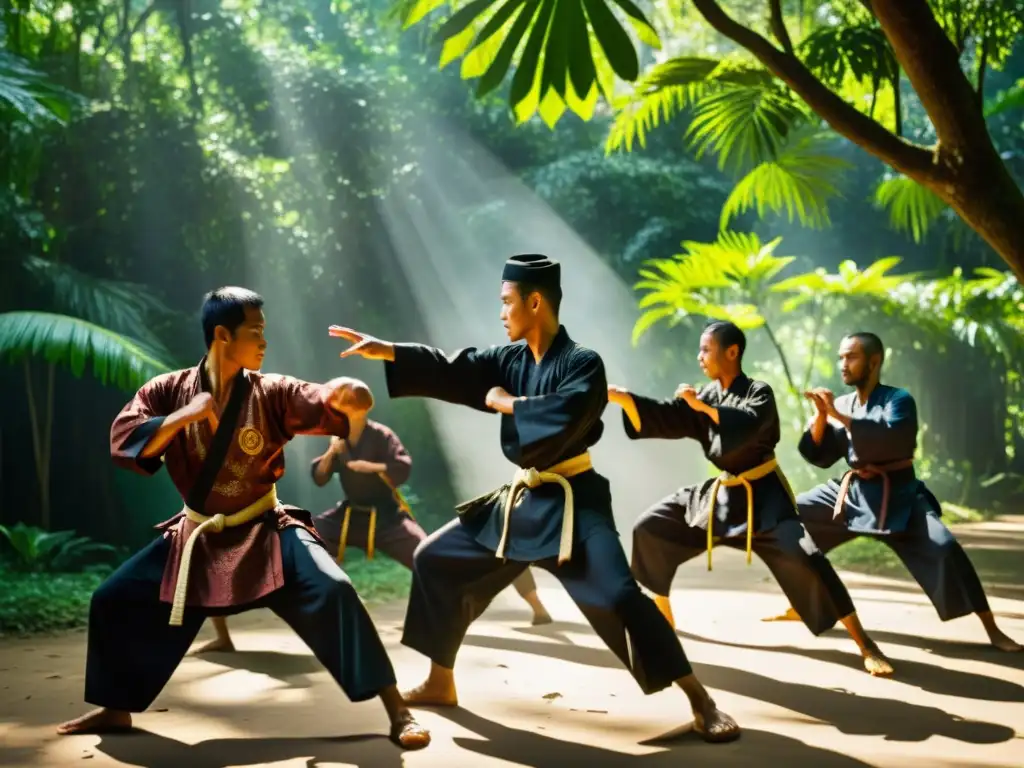 Practicantes de Silat entrenan en la selva tropical, mostrando el legado marcial del Islam sudeste en su vestimenta y movimientos precisos