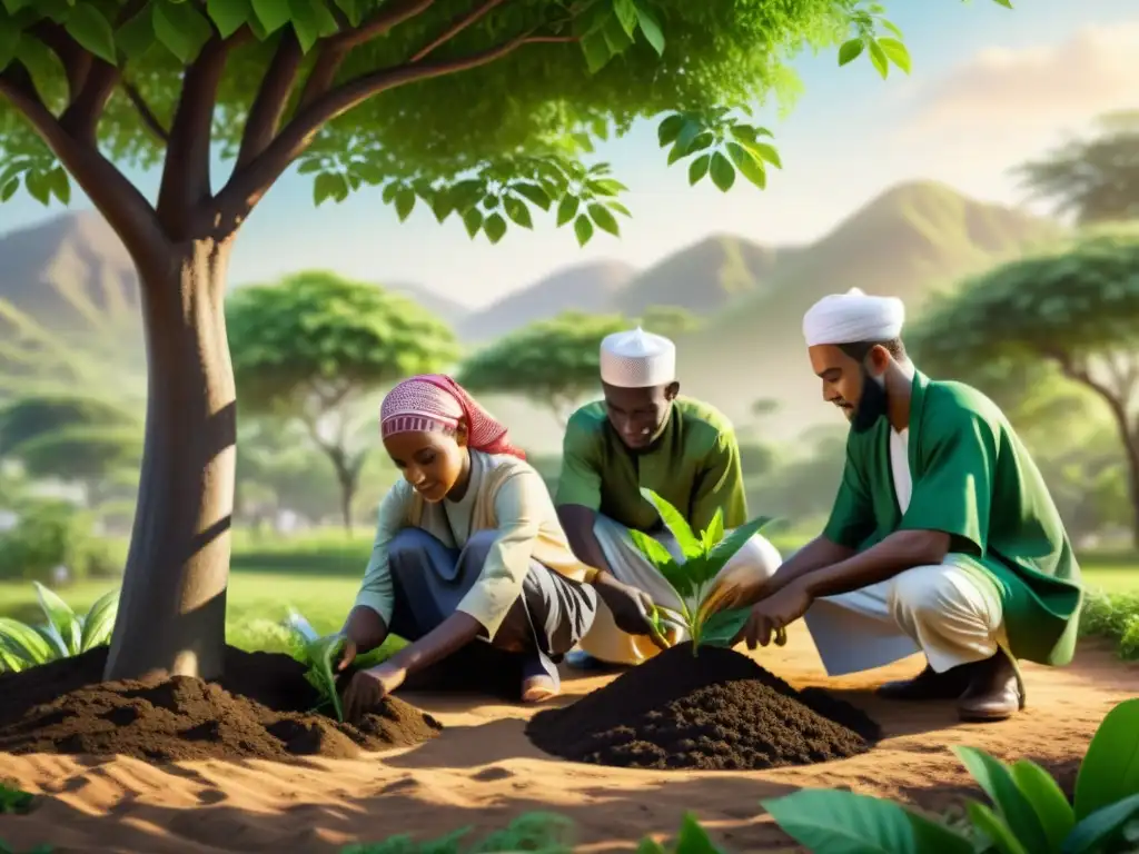 Prácticas ambientales en el Islam en África: Grupo de musulmanes africanos plantando árboles en un exuberante paisaje verde