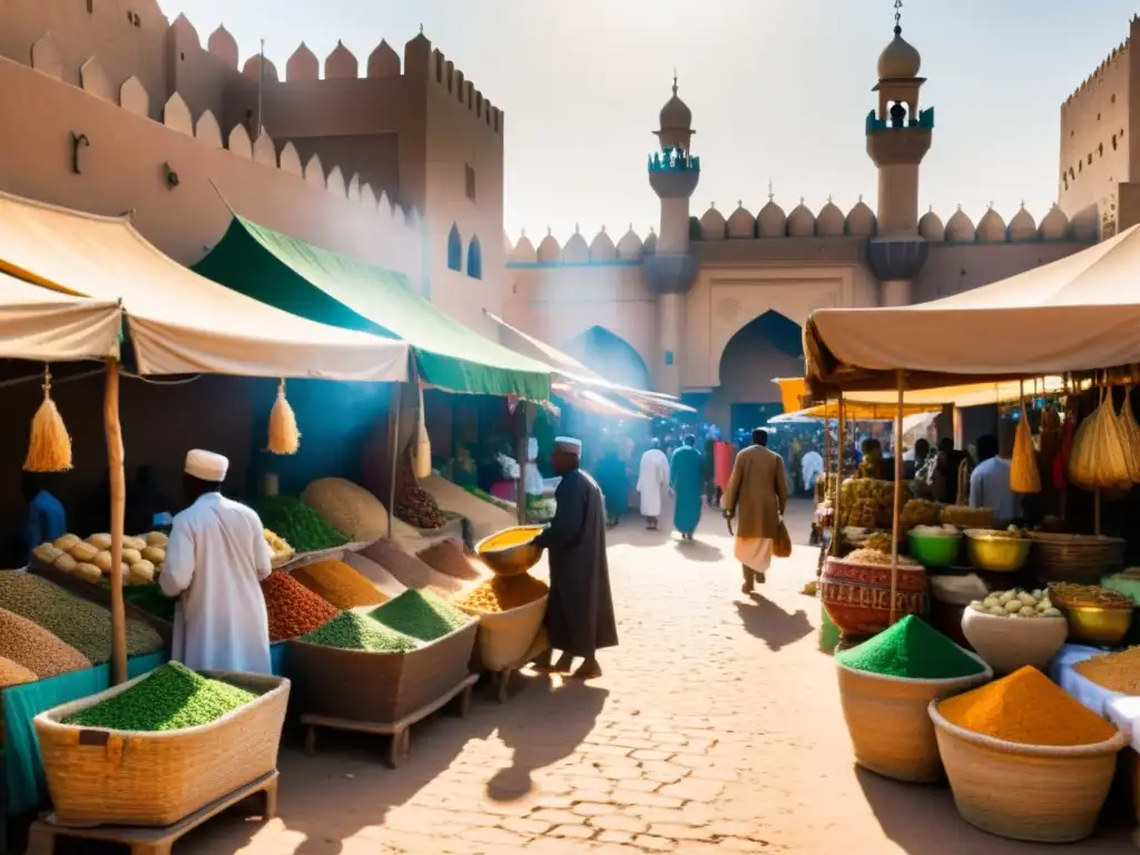 Prácticas ancestrales de medicina en un bullicioso mercado de una ciudad islámica africana, con puestos coloridos y minaretes majestuosos