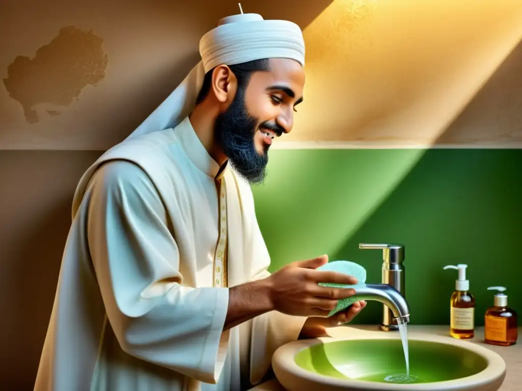 Ilustración fotorrealista de Prophet Muhammad demostrando prácticas de higiene personal en el Islam con reverencia y respeto