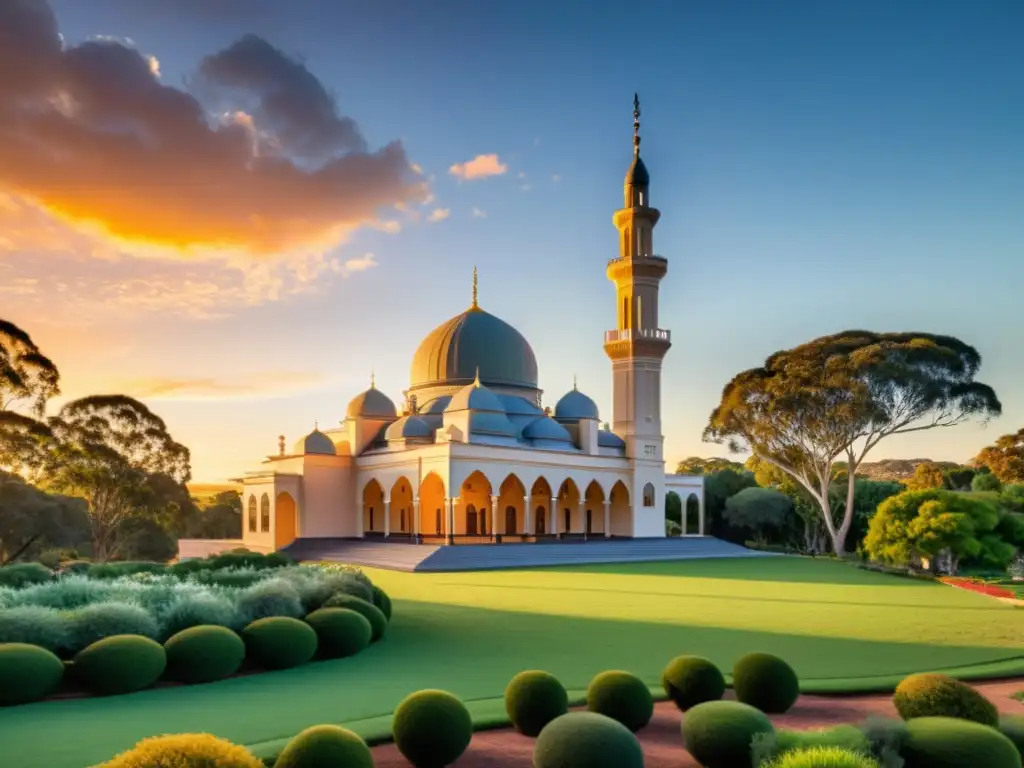 Primera mezquita en Australia: majestuoso atardecer La primera mezquita construida en Australia, destacando su arquitectura detallada y el paisaje circundante