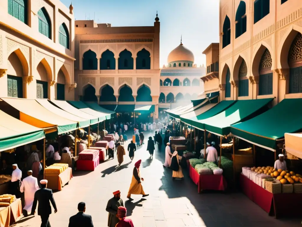 Principios de la economía islámica en un bullicioso mercado de una ciudad del Medio Oriente, con colores vibrantes y arquitectura intrincada