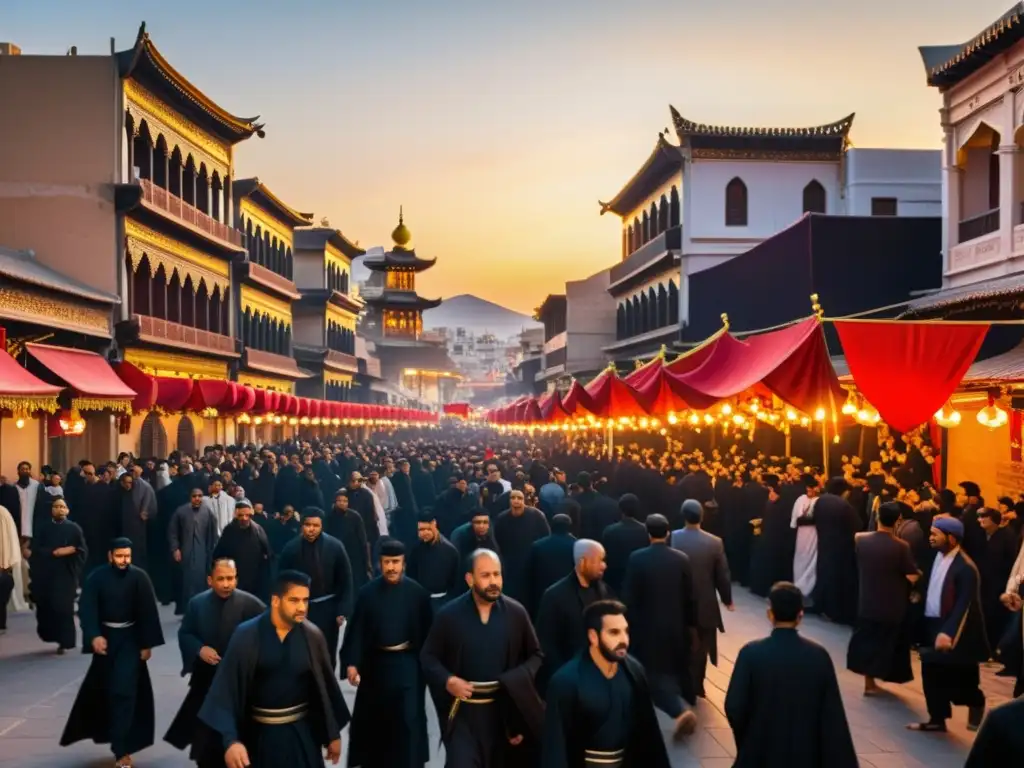 Una procesión Ashura en una histórica ciudad: hombres de luto, mujeres y niños bajo la cálida luz del atardecer