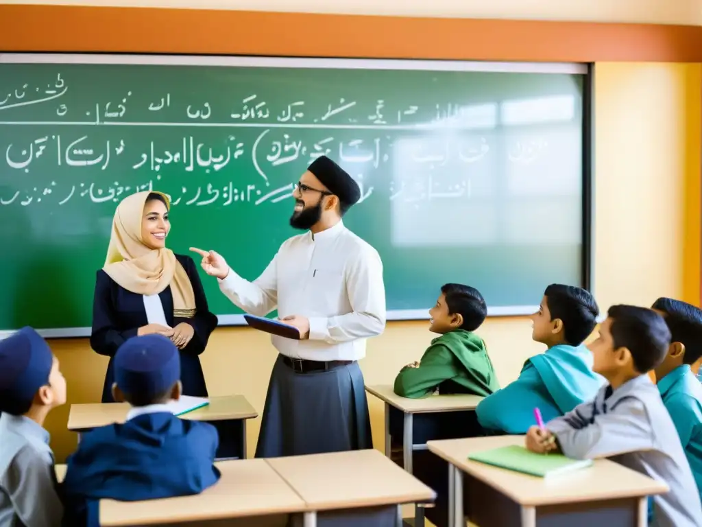 Clase interactiva en escuela islámica moderna Profesor y estudiantes participan en una animada discusión en una escuela islámica moderna