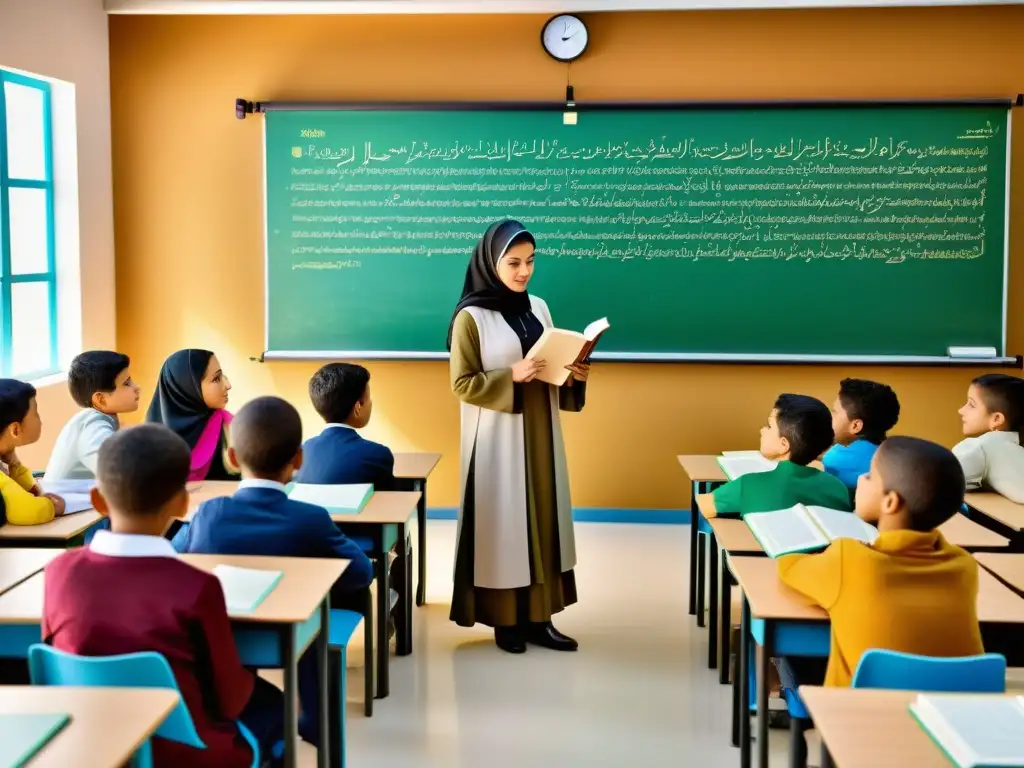 Profesor enseñando manuscritos islámicos en aula moderna, fusión de tradición y educación contemporánea