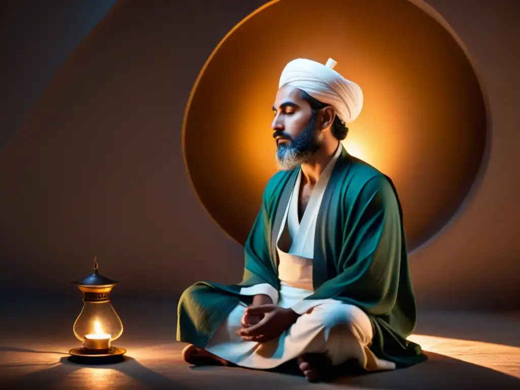 Bayazid Bastami en profunda meditación, iluminado por la suave luz de las velas