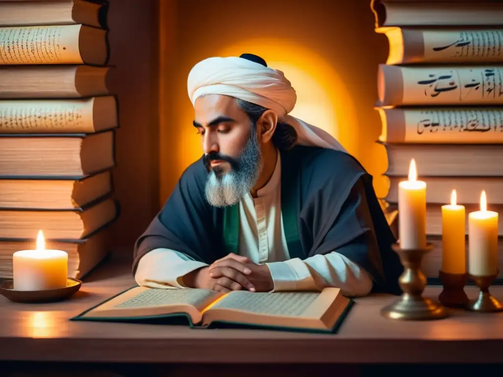 Una representación fotorealista de Ibn Arabi en profunda contemplación, rodeado de antiguos manuscritos iluminados por la cálida luz de las velas