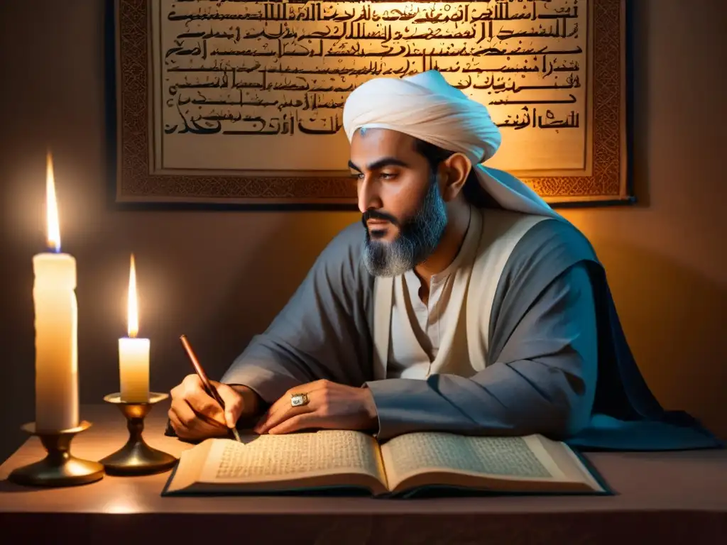 Ibn Tufail: Sabiduría Iluminada en Contemplación Ibn Tufail en profunda contemplación, rodeado de textos filosóficos islámicos y antiguos instrumentos científicos