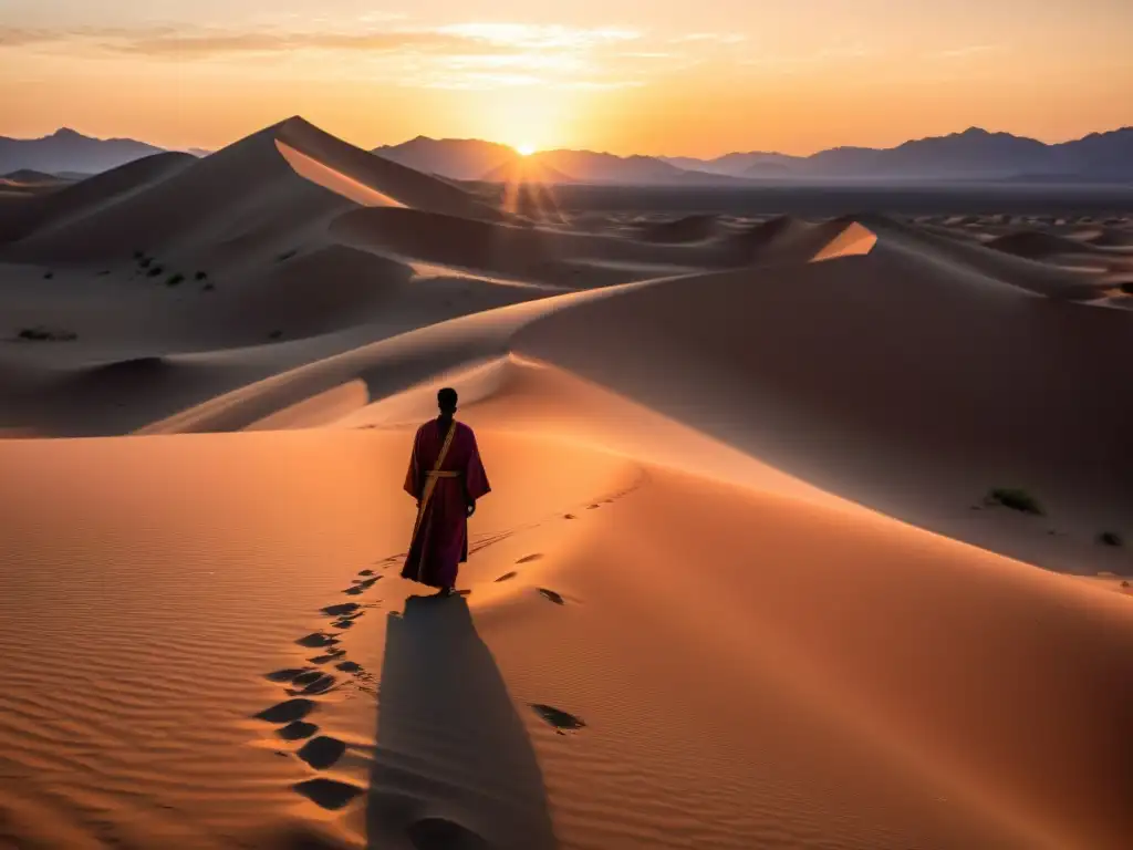 La prosa sufí como espejo: Imagen desértica al atardecer, con un solitario Sufi en contemplación junto a un oasis brillante