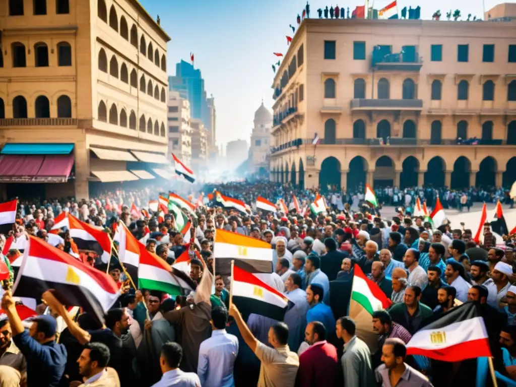 Protesta en Cairo con Tahrir Square al fondo, reflejando la energía y tensión de la Primavera Árabe y el papel del Islam en conflictos árabes