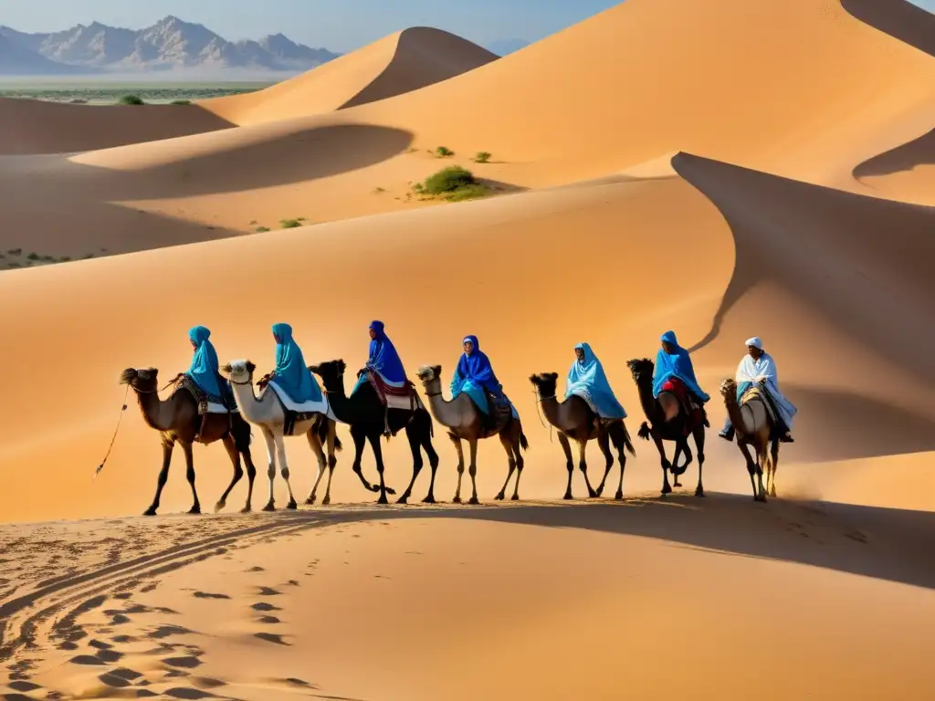 Pueblos nómadas en el desierto, vistiendo hermosa vestimenta que refleja adaptación y tradición en la dura vida del desierto