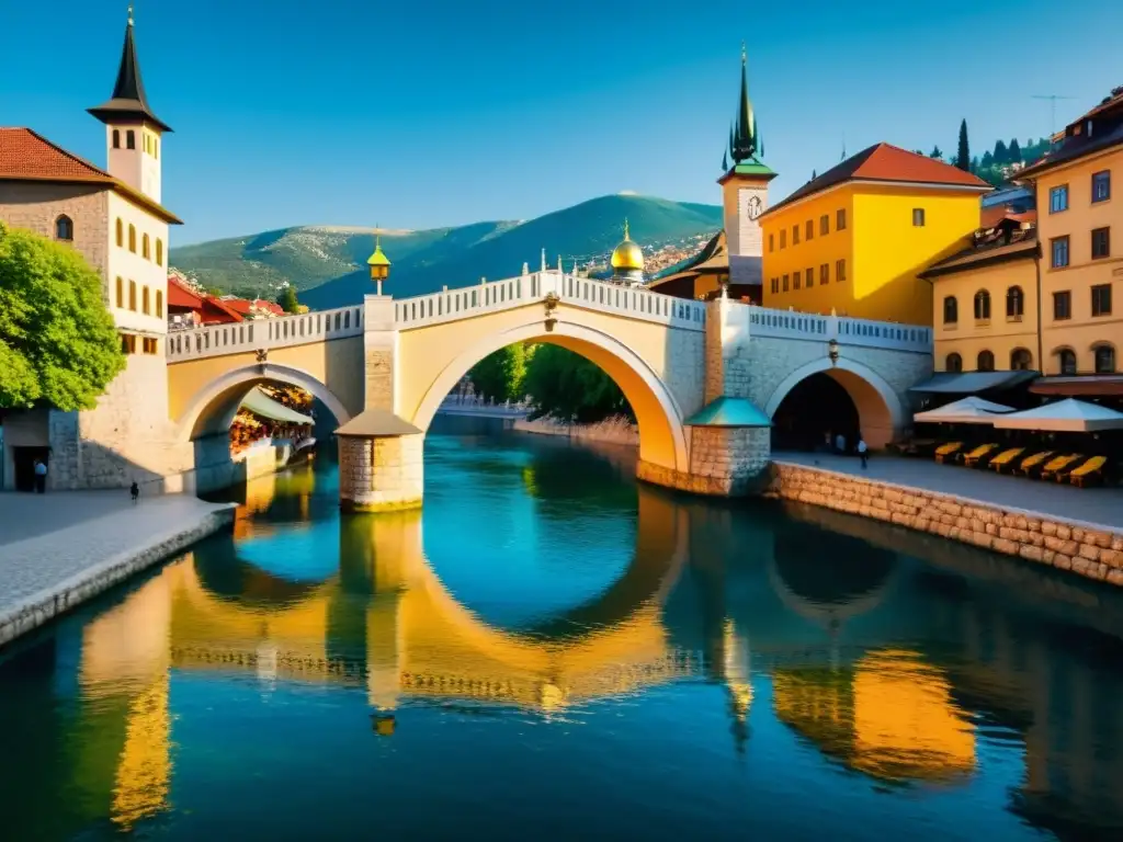 Un puente icónico de Sarajevo bañado por la cálida luz del sol, reflejando la rica cultura e historia en Sarajevo