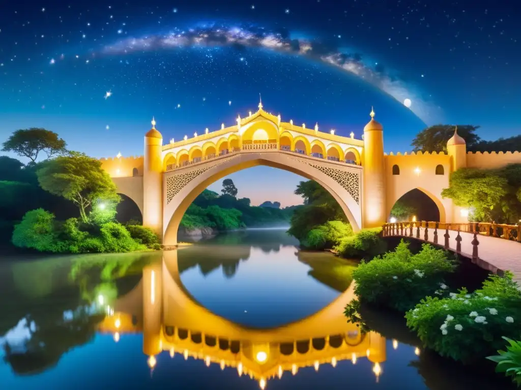 Un puente literario entre Occidente e Islam, reflejado en el río por la luz de la luna y rodeado de exuberante vegetación y un cielo estrellado