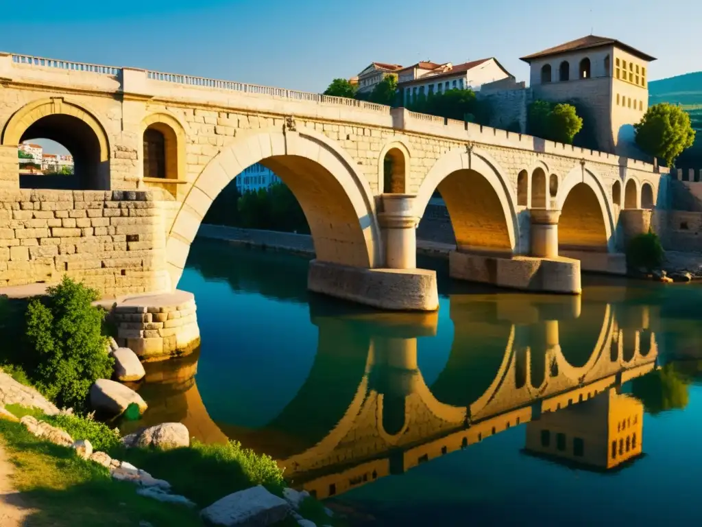 Un puente de piedra antiguo en Skopje, Macedonia, iluminado por el cálido atardecer, resaltando su legado islámico en conflictos balcánicos