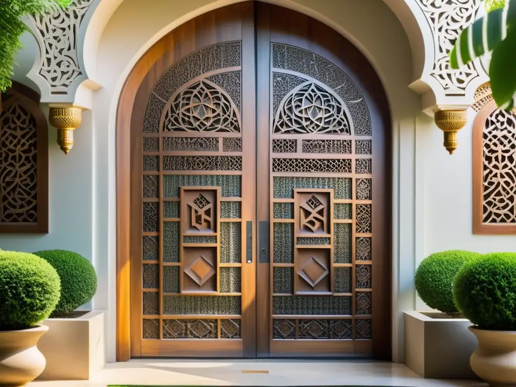 Una puerta de madera con diseños geométricos y versos del Corán tallados, en un patio de mezquita sereno con fuente y vegetación exuberante