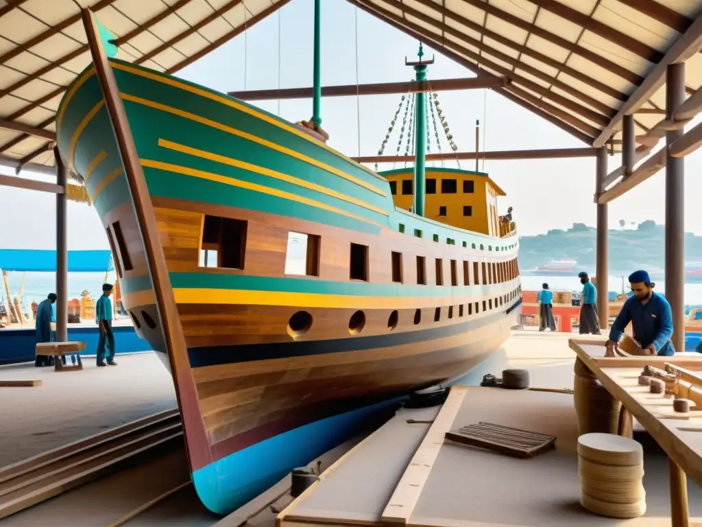 Un puerto bullicioso en una ciudad islámica, donde artesanos construyen meticulosamente un majestuoso barco de madera