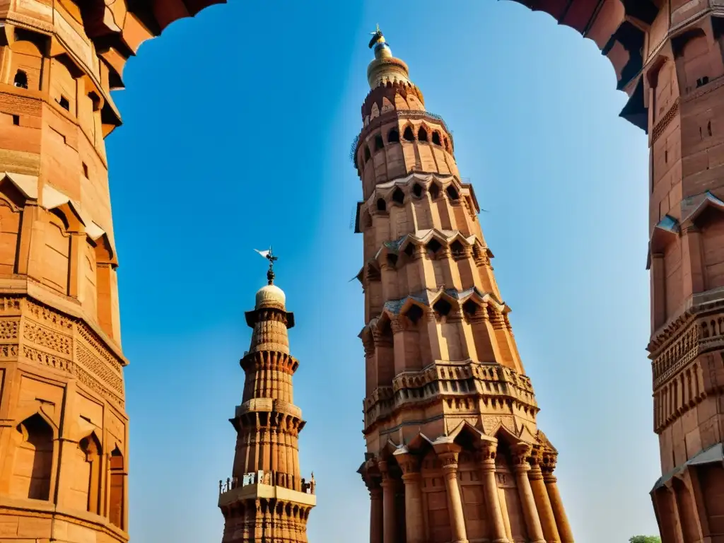 El Qutub Minar, ejemplo emblemático de la Arquitectura palaciega Sultanato Delhi, destaca majestuoso bajo el cielo azul