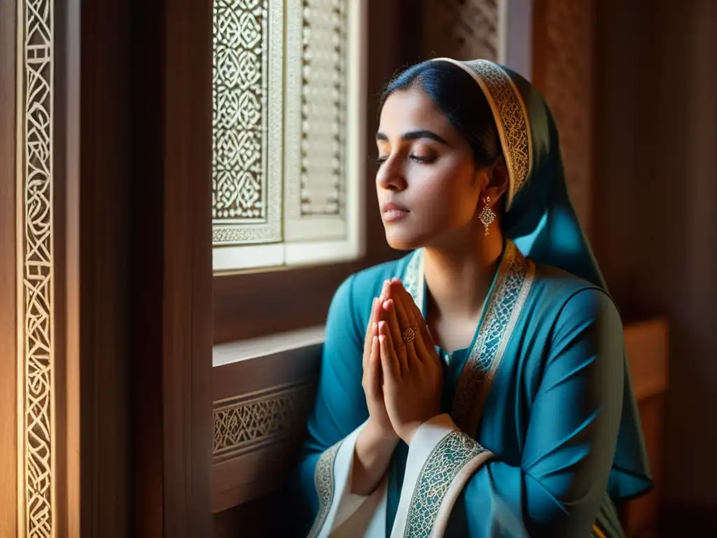 Rabia al-Adawiyya, pionera pensamiento islámico, en meditación serena en una habitación iluminada