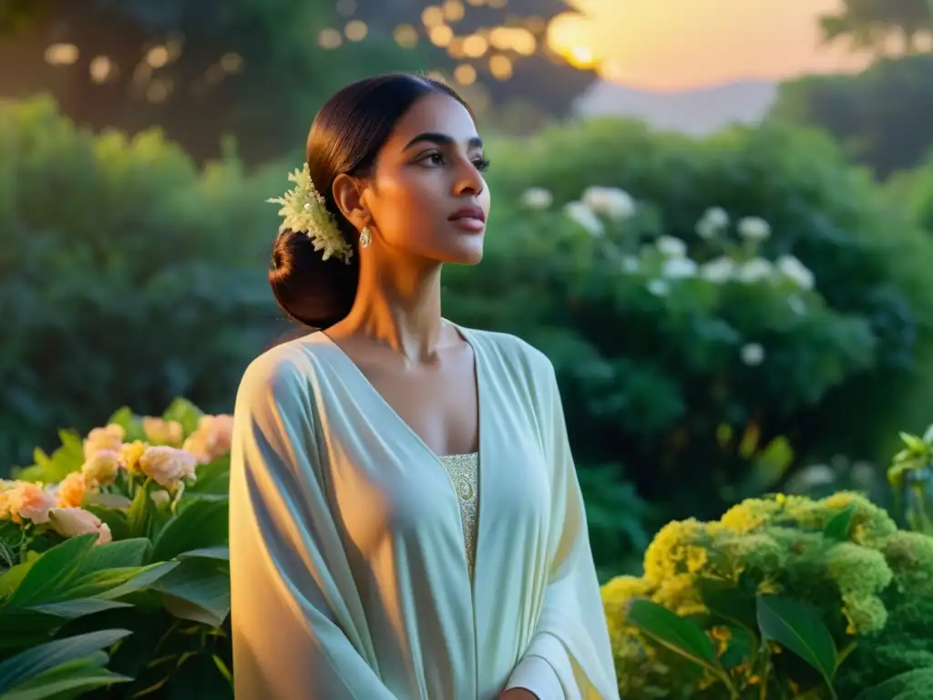 Rabia alAdawiyya en un jardín vibrante al amanecer, con un aura de amor divino en el Sufismo