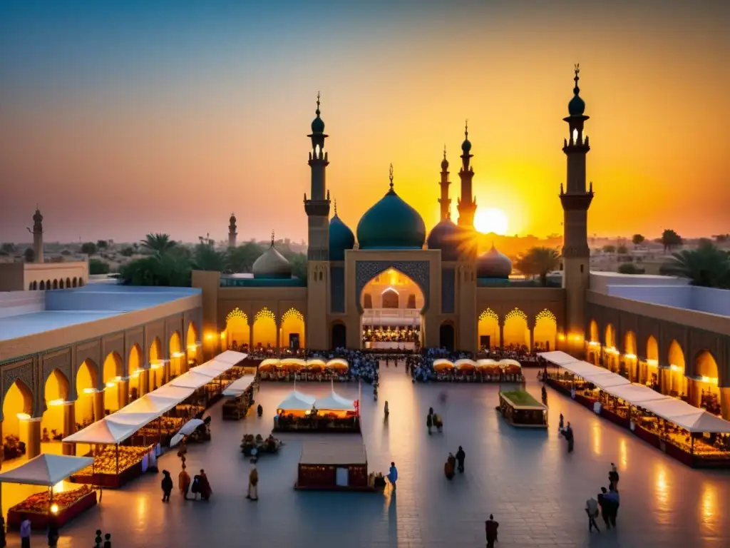 Radiante atardecer sobre los antiguos palacios de Bagdad, mostrando su historia y resurgimiento en cada detalle arquitectónico y color vibrante