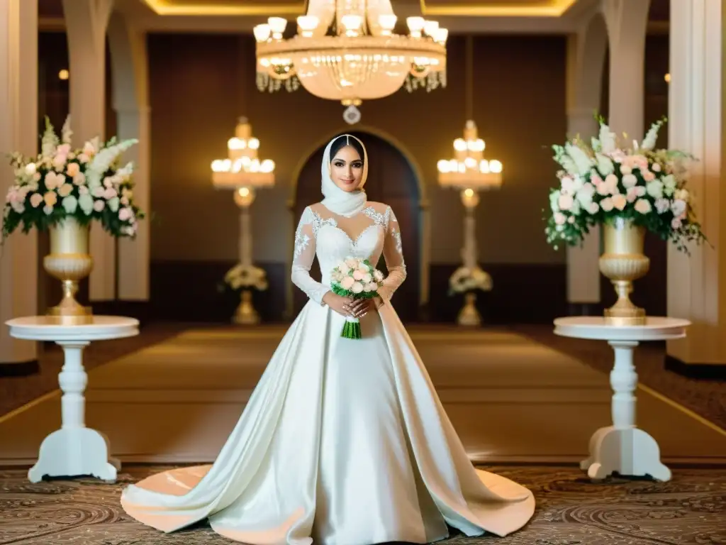 Radiante novia musulmana y sus damas de honor luciendo elegantes vestidos y hijabs en un lujoso salón de bodas