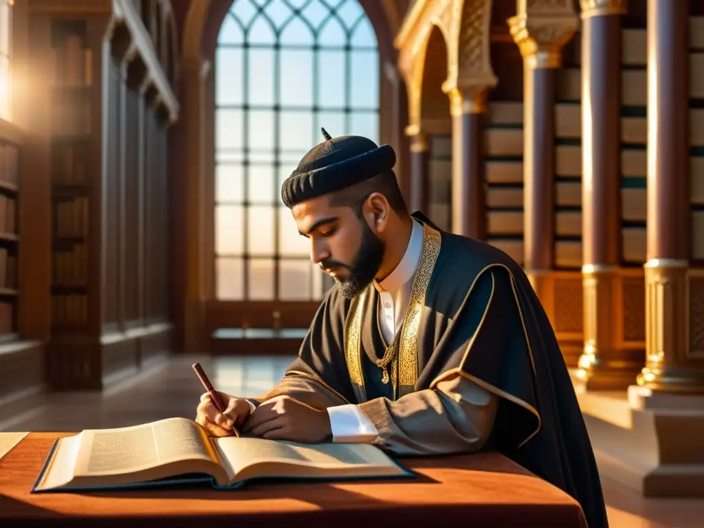 Al Razi reflexiona en una biblioteca grandiosa, con luz dorada