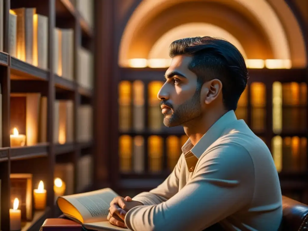 Al Razi reflexiona en una biblioteca grandiosa, rodeado de antiguos manuscritos, iluminado por la cálida luz de las velas