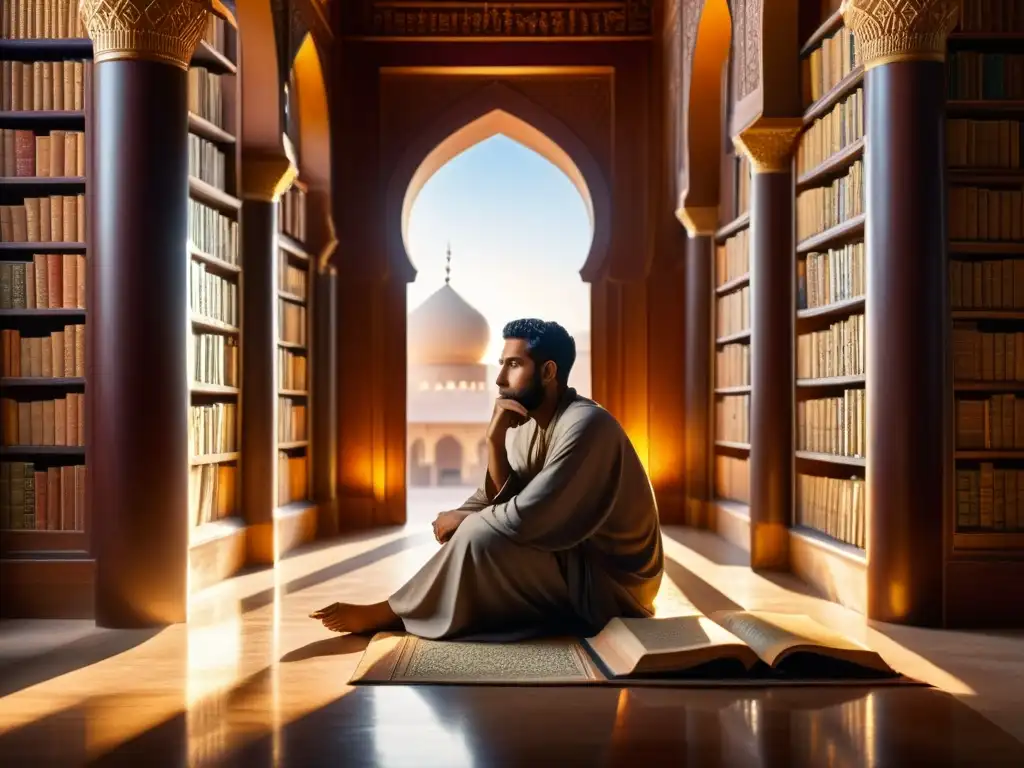 Al Razi reflexiona en una biblioteca islámica, irradiando libertad del pensamiento en Al Razi